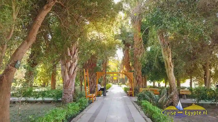 Marmeren paden kruisen zich door de botanische tuin van Aswan.