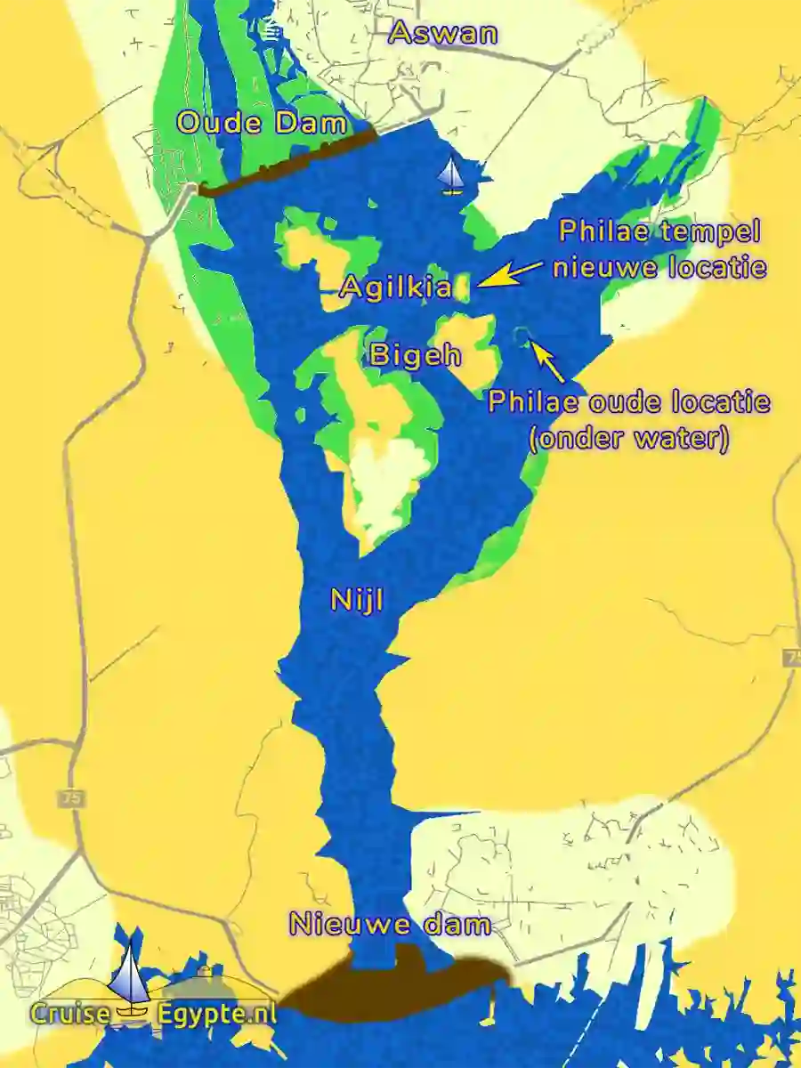 Kaart Nijl, dammen en Philae.